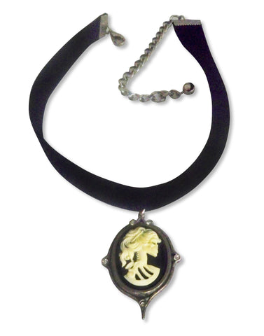 Black Velvet Choker with Gothic Lolita Cameo Ivory on Black CH-2000