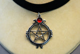 Black Velvet Choker with SIlver Pentacle and Red Cabochon CH-528