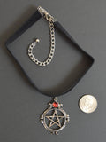 Black Velvet Choker with SIlver Pentacle and Red Cabochon CH-528