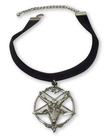 Black Velvet Choker with Baphomet in Silver Pewter CH-546