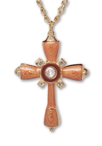 Medieval Renaissance Cross Amber Enamel with Austrian Crystals Pendant Necklace NK-10244