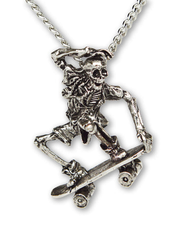 Urban Skeleton in Nose Grab on Skateboard Silver Pewter Pendant Necklace NK-156