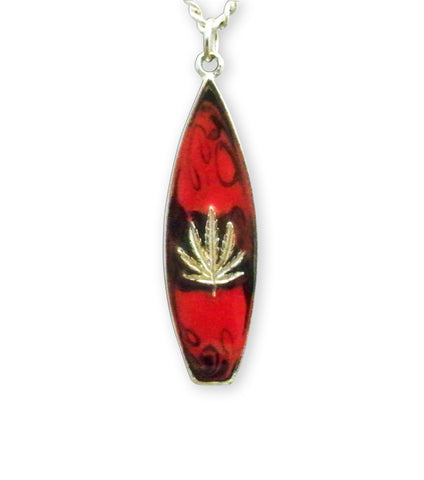 Surfboard with Marijuana Leaf Red & Black Enamel on Pewter Pendant Necklace NK-164-11