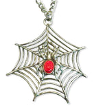 Gothic Spider on Web with Red Cabochon Extra Large Silver Pendant Necklace NK-362LC