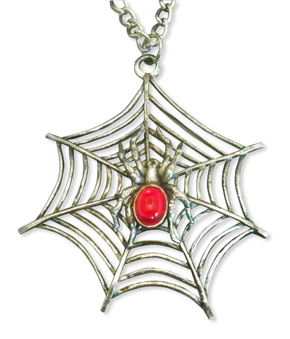 Gothic Spider on Web with Red Cabochon Extra Large Silver Pendant Necklace NK-362LC