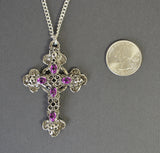 Gothic Filigree Cross with Purple Stones Medieval Renaissance Pewter Pendant Necklace NK-379P