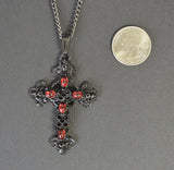 Gothic Filigree Cross Black Finish with Red Stones Pewter Pendant Necklace NKB-379