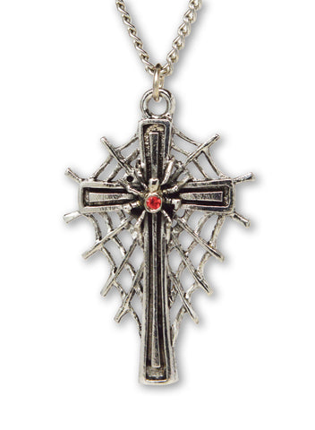 Spider on Cross with Web and Red Austrian Crystal Pendant Necklace NK-448