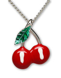 Retro Red Cherries and Green Leaf Pewter Pendant Necklace NK-450