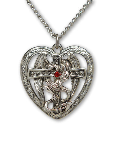 Dragon Heart Surrounding Cross Medieval Renaissance with Red Austrian Crystal Pendant Necklace NK-458
