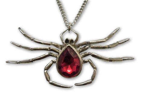 Sprawling Spider with Red Stone Body Pewter Pendant Necklace NK-486