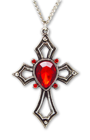 Gothic Cross with Red Crystals Medieval Renaissance Pendant Necklace NK-518