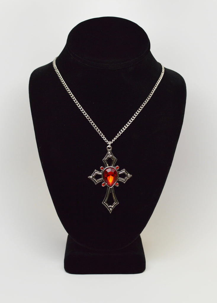 Collana Gotica Medievale Con Ciondolo Croce E Pietra Rossa, Rinascimentale, NK-366, Real Metal
