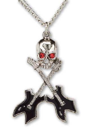 Musican Skull with Crossed Guitars Black Enamel Pewter Pendant Necklace NK-540B