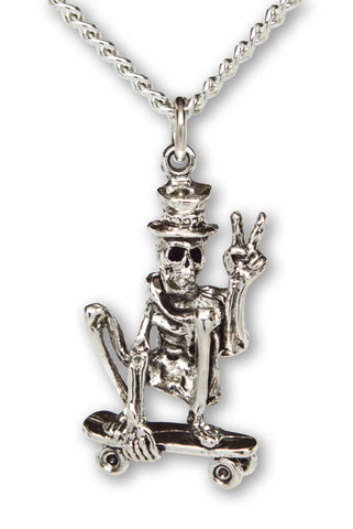 Urban Skeleton Cruising on Skateboard Peace Sign Silver Pewter Pendant Necklace NK-55