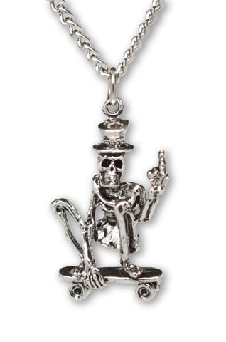 Urban Skeleton with Gesture on Skateboard Silver Pewter Pendant Necklace NK-56