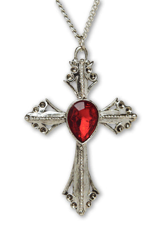 Cross with Red Teardrop Stone Medieval Renaissance Pendant Necklace NK-570