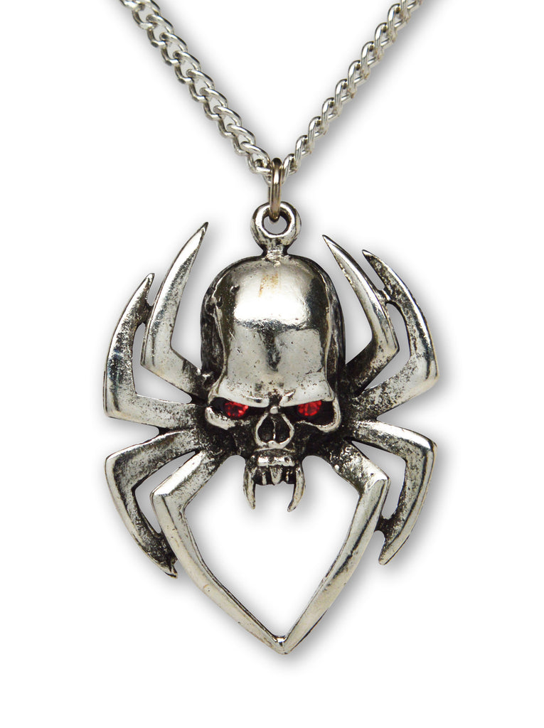 Gothic Spider Skull Head with Red Austrian Crystals Pewter