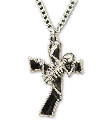 Skeleton Climbing Black Cross Pewter Pendant Necklace NK-578