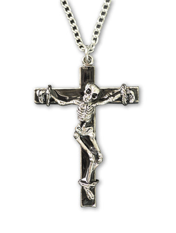 Skeleton on Black Cross Pewter Pendant Necklace NK-579