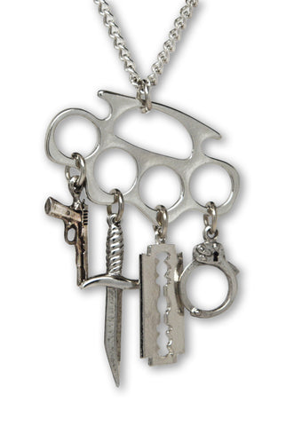 Weapons Dangle on Brass Knuckles Silver Pewter Pendant Necklace NK-615
