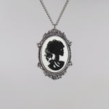 Gothic Lolita Skull Cameo Black on White in Silver Frame Pendant Necklace NK-629BW