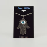 Lucky Hamsa Hand Evil Eye Amulet Silver Pewter Pendant Necklace NK-631