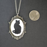 Black Cat Cameo in Antique Silver Frame Pendant Necklace NK-653