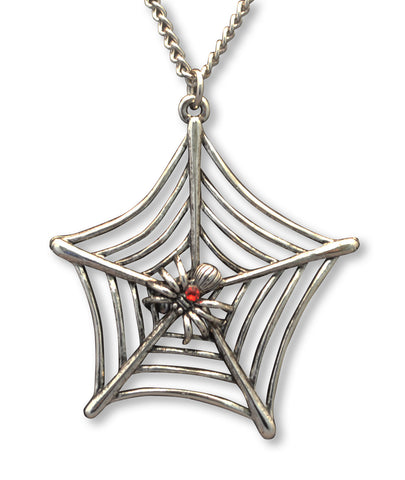 Spider on Web with Red Crystal Silver Pewter Pendant Necklace (large) NK-662