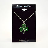 Irish Shamrock Pendant Necklace Green Enamel on Pewter Medium Size NK-667