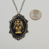 Antiqued Sitting Satanic Baphomet Cameo In Silver Finish Frame Necklace Pendant NK-674 ANT