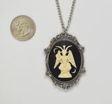 Sitting Satanic Baphomet Cameo In Silver Finish Frame Necklace Pendant Ivory on Black NK-674