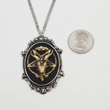 Antiqued Goat Head Satanic Baphomet Cameo Bone on Black In Silver Finish Frame Necklace Pendant NK-675 ANT