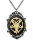 Goat Head Satanic Baphomet Cameo In Silver Finish Frame Ivory on Black Necklace Pendant NK-675