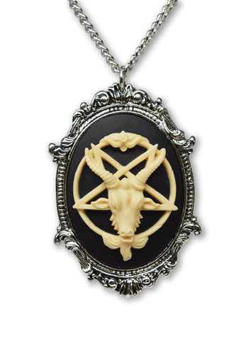 Goat Head Satanic Baphomet Cameo In Silver Finish Frame Ivory on Black Necklace Pendant NK-675