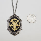 Goat Head Satanic Baphomet Cameo In Silver Finish Frame Ivory on Black Necklace Pendant NK-675