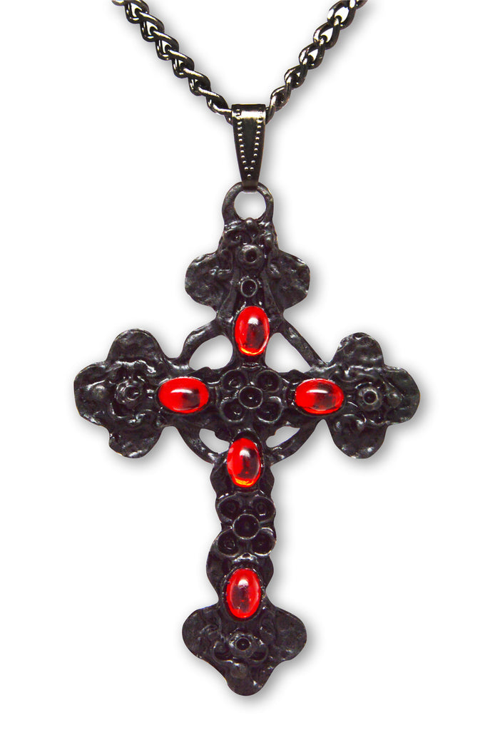 Gothic Filigree Cross Black Finish with Red Stones Pewter