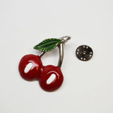 Retro Cherry Jacket or Hat Pin Classic Pewter Red and Green Enamel P-70