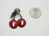 Retro Cherry Jacket or Hat Pin Classic Pewter Red and Green Enamel P-70