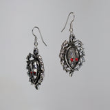 Gothic Skull In Vines with Red Austrian Crystals Dangle Earrings #1007