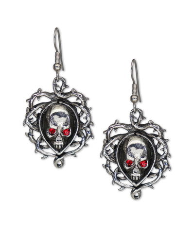Gothic Skull In Vines with Red Austrian Crystals Dangle Earrings #1007
