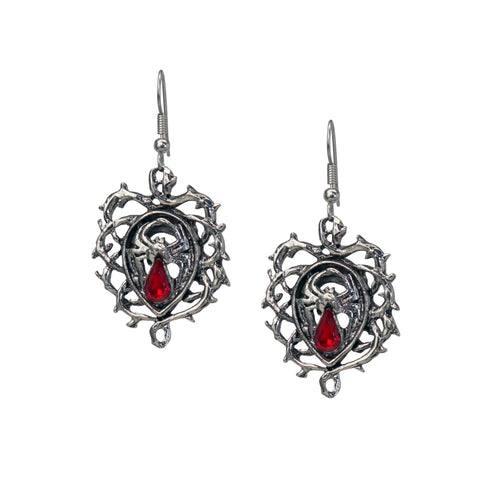 Gothic Spider with Red Stone Body In Thorns Dangle Earrings #1008