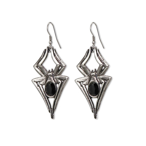 Gothic Spider Dangle Earrings Black Stone Body Silver Finish Legs #1010B