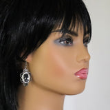 Gothic Lolita Skull Cameo Dangle Earrings Black on White #1014BW