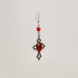 Gothic Cross with Red Stone Medieval Renaissance Dangle Earrings #1040