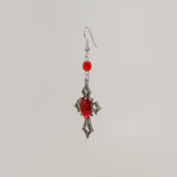 Gothic Cross with Red Stone Medieval Renaissance Dangle Earrings #1040