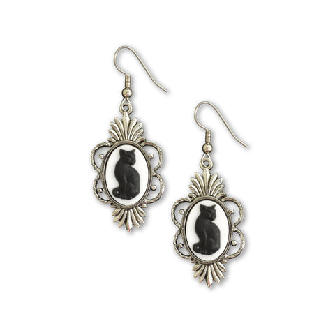 Black Cat Cameo in Silver Pewter Frame Dangle Earrings #1041