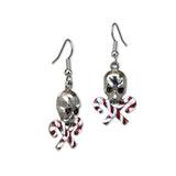 Holiday Candy Cane Skull Dangle Earrings Red and White Enamel On Silver Finish Pewter #1058