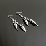 Punk Rock Hip Hop Double Spikes and Chains Dangle Earrings Silver Finish Pewter #1056