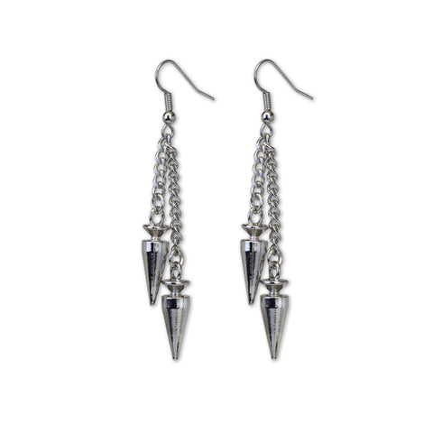 Punk Rock Hip Hop Double Spikes and Chains Dangle Earrings Silver Finish Pewter #1056